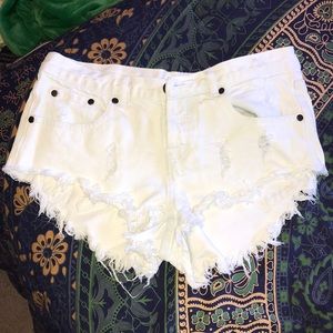White Cut Off Denim Button Up Shorts